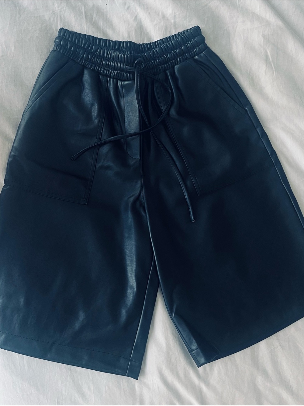 Women's Black Faux Leather Drawstring Bermuda Shorts